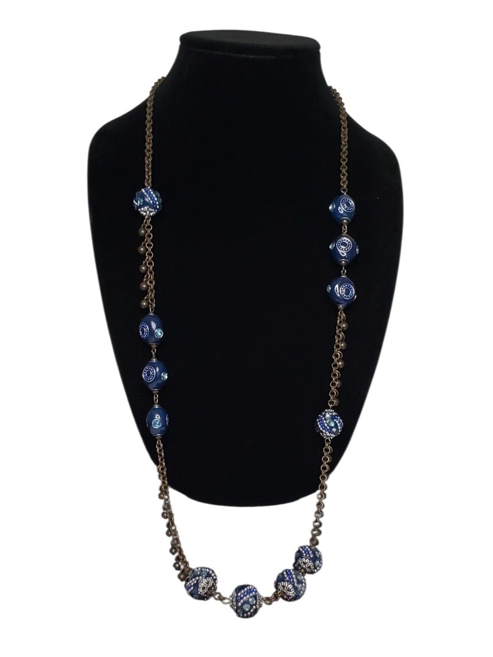 Estate Chico's Antiqued Bronze-Tone Blue Station Bead Statement Necklace 37"